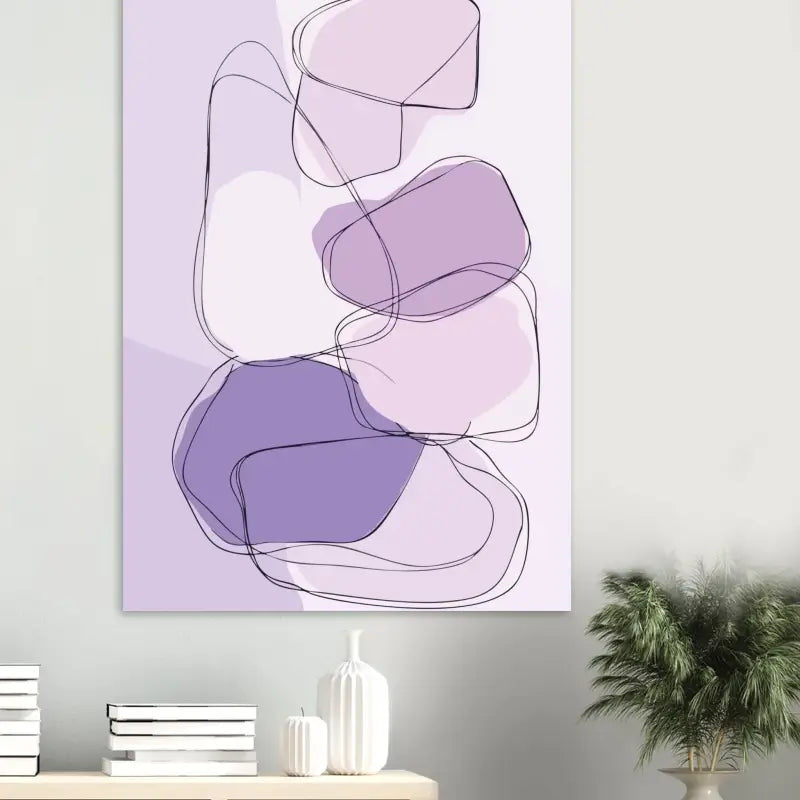 Une peinture sur toile abstraite moderne présentant des formes géométriques superposées en lavande et blanc, délimitées par de fines lignes noires.