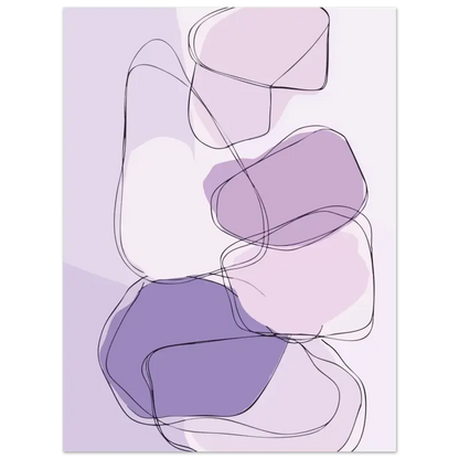 Impression abstraite mettant en scène des formes organiques superposées en lavande douce, violet atténué et blanc, délimitées par de fines lignes noires.
