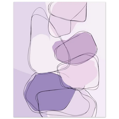 Une estampe d’art abstrait moderne mettant en scène des formes organiques superposées en tons de lavande douce et de violet atténué, soulignées de lignes noires délicates.