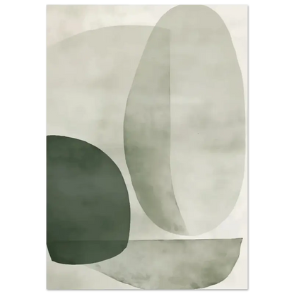 Impression d’art abstrait moderne mettant en vedette des formes ovales superposées en vert doux et gris sur un fond texturé blanc cassé.