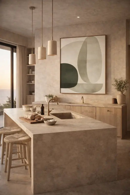 Îlot de cuisine en pierre beige avec évier intégré et plan de travail en bois.