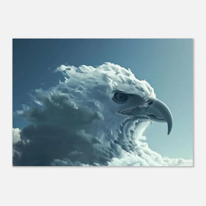 Une œuvre d’art numérique saisissante représentant la tête majestueuse d’un aigle émergeant de nuages blancs et gris tourbillonnants sur un ciel bleu serein.