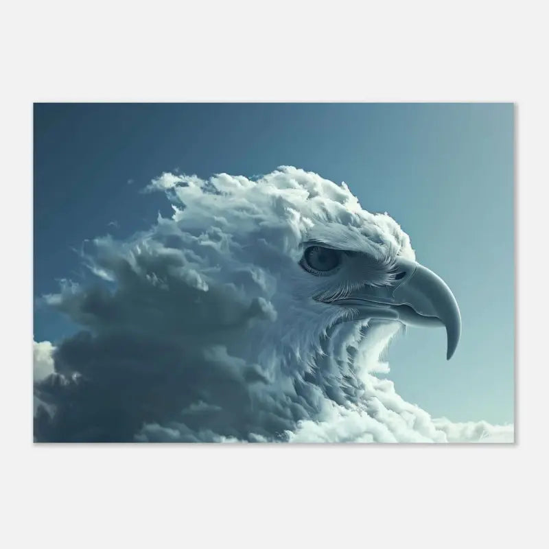 Une œuvre d’art numérique saisissante représentant la tête majestueuse d’un aigle émergeant de nuages blancs et gris tourbillonnants sur un ciel bleu serein.