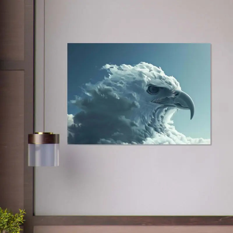 Une impression sur toile frappante mettant en scène un aigle majestueux dont les plumes sont représentées comme des nuages blancs tourbillonnants sur un ciel bleu serein.