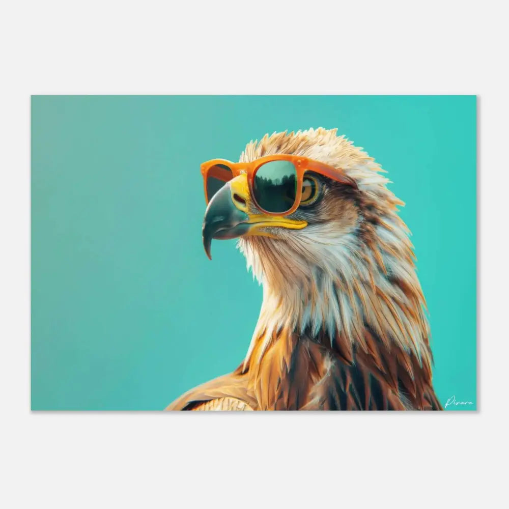 Un vibrant tirage sur toile turquoise présentant une peinture détaillée d’un aigle portant des lunettes de soleil à monture orange, mettant en valeur des plumes brunes et blanches réalistes.