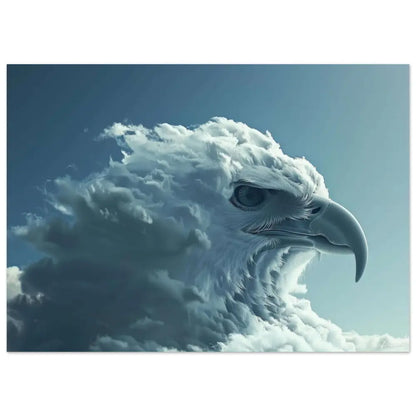 Un majestueux aigle blanc avec une crinière semblable à un nuage et un regard perçant, rendu en art numérique détaillé sur un ciel bleu serein.