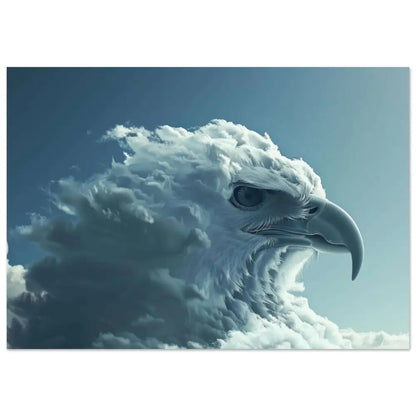 Un majestueux aigle blanc avec une tête semblable à un nuage et un bec acéré et courbé sur un ciel bleu serein.