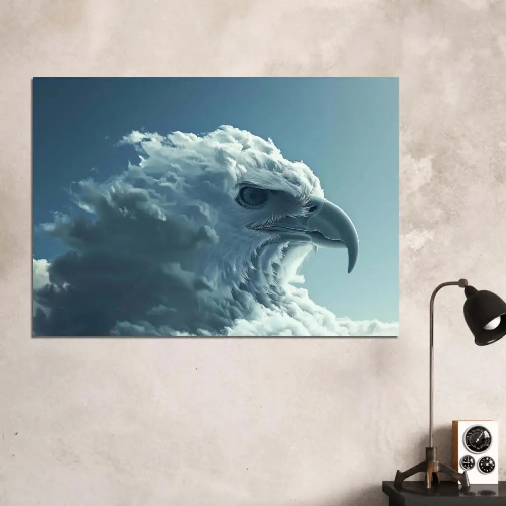 Une impression sur toile frappante mettant en scène un aigle blanc majestueux aux plumes détaillées et aux yeux perçants, sur un fond de ciel bleu dramatique.