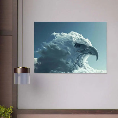 Une impression sur toile frappante mettant en scène un aigle majestueux dont les plumes sont représentées comme des nuages blancs tourbillonnants sur un ciel bleu serein.