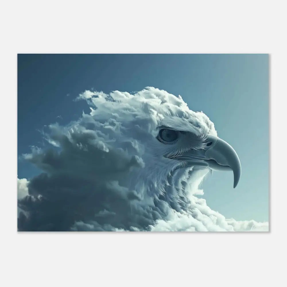 Une œuvre d’art numérique saisissante représentant la tête majestueuse d’un aigle émergeant de nuages blancs et gris tourbillonnants sur un ciel bleu serein.