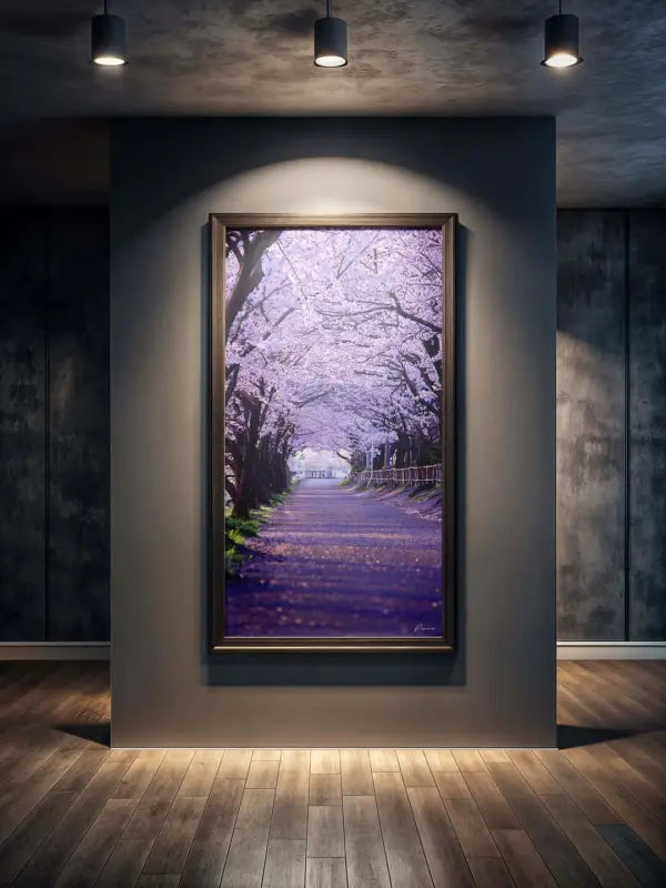 Une œuvre d’art encadrée représentant un chemin serein bordé d’arbres de cerisier en fleurs sous une lumière violette douce, enfermée dans un cadre en bois sombre élégant.
