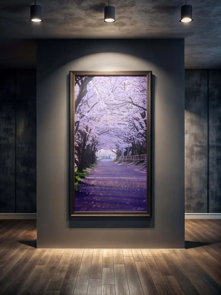 Une œuvre d’art encadrée représentant un chemin serein bordé d’arbres de cerisier en fleurs sous une lumière violette douce, enfermée dans un cadre en bois sombre élégant.