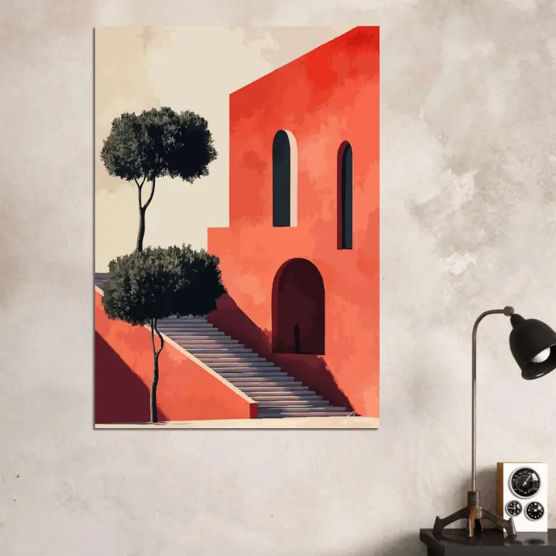 Peinture architecturale vibrante en rouge représentant un bâtiment stylisé avec des fenêtres et une porte cintrées, flanqué de deux arbres vert foncé sur un mur texturé beige.