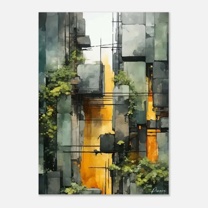 Peinture à l’aquarelle abstraite dépeignant une ruelle étroite avec des murs en pierre grise, du lierre vert grimpant sur les structures, et une lumière orange chaude filtrant à travers une ouverture.