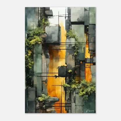 Peinture abstraite à l’aquarelle présentant des blocs empilés semblables à des pierres dans des gris et verts atténués, accentués par des stries verticales orange vives et des vignes vertes délicates.