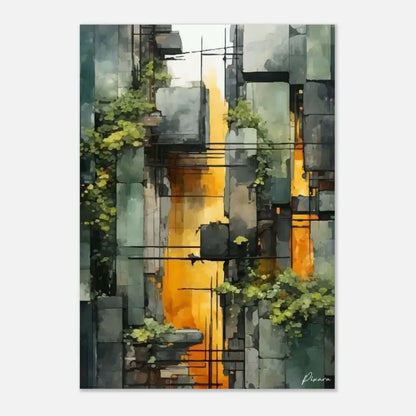 Peinture à l’aquarelle abstraite représentant une ruelle étroite avec des structures en pierre grise et des vignes vertes, illuminée par une lumière orange chaude.