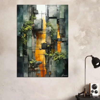 Peinture abstraite sur toile présentant des blocs géométriques superposés en gris et verts feutrés, rehaussés de stries verticales orange vives et de délicates lianes vertes.
