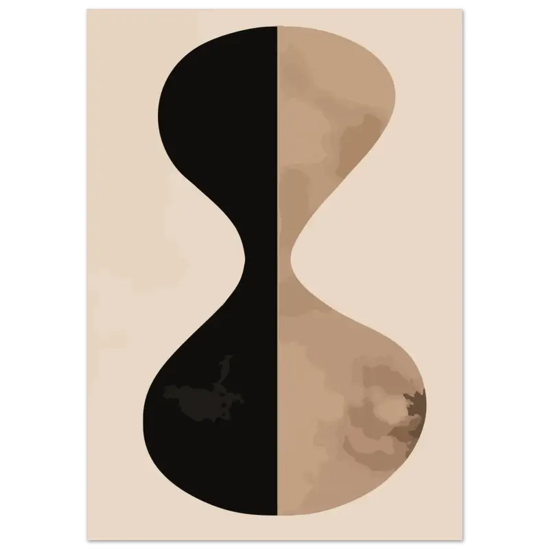 Impression d’art abstrait minimaliste présentant un symbole d’infini audacieux divisé verticalement — un côté noir uni et l’autre beige texturé.