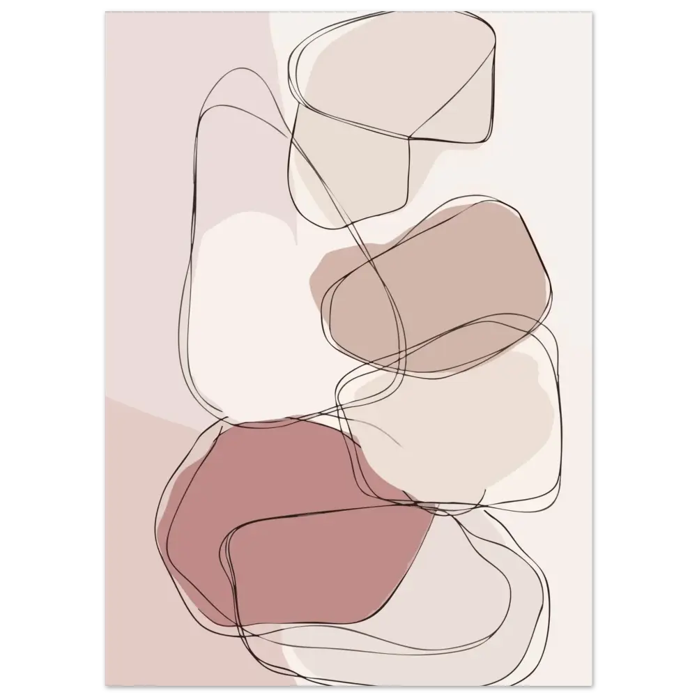 Impression d’art abstrait mettant en scène des formes organiques superposées en tons beige doux et rose atténué, soulignées de fines lignes noires.