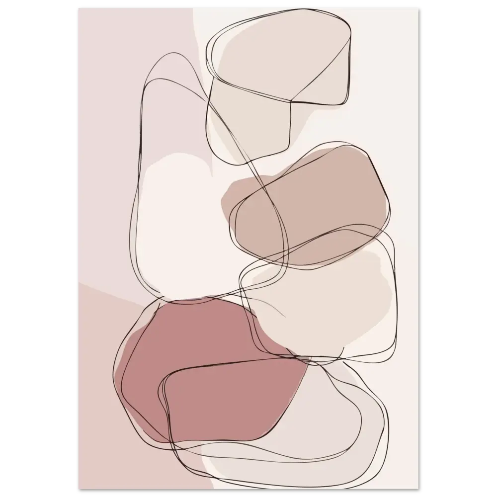 Impression abstraite mettant en scène des formes en beige doux, rose poudré et terre cuite feutrée délimitées par de fines lignes noires.
