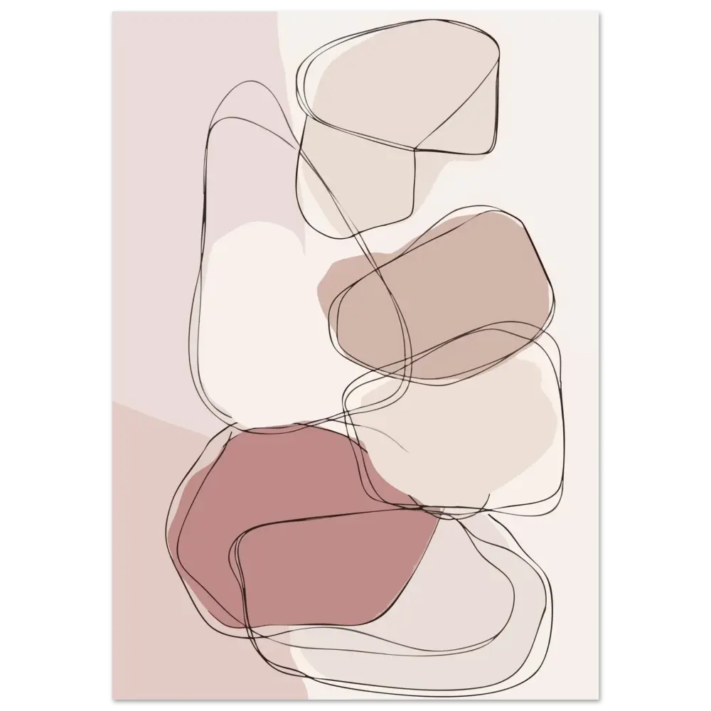 Impression d’art abstrait mettant en scène des formes organiques superposées en tons doux de rose poudré, taupe et crème, soulignées de fines lignes noires.