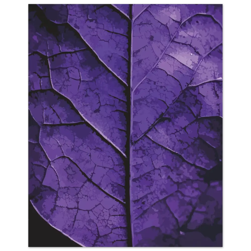 Un gros plan d’une feuille violette vibrante avec une veine craquelée complexe et une texture détaillée.