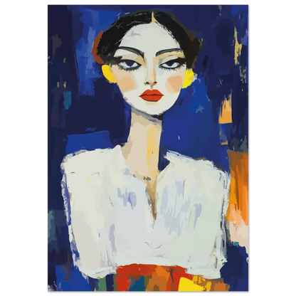 Portrait stylisé d’une femme aux cheveux noirs audacieux, lèvres rouges vives et boucles d’oreilles jaunes sur un fond bleu vibrant.