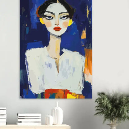 Un portrait abstrait vibrant d’une femme avec des lèvres rouges audacieuses, des boucles d’oreilles jaunes et un chemisier blanc sur un fond bleu profond.