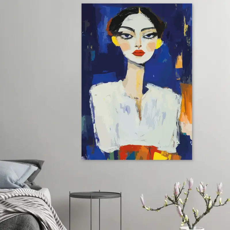 Un portrait abstrait vibrant d’une femme aux cheveux noirs audacieux, lèvres rouges frappantes et boucles d’oreilles jaunes sur un fond bleu profond.