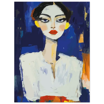 Portrait stylisé d’une femme aux cheveux noirs audacieux, lèvres rouges frappantes et boucles d’oreilles jaunes sur un fond bleu vibrant.