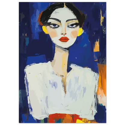 Portrait stylisé d’une femme aux cheveux noirs audacieux, au maquillage facial blanc, aux lèvres rouges et aux boucles d’oreilles jaunes sur un fond bleu texturé.