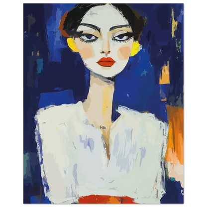 Portrait stylisé d’une femme aux cheveux noirs audacieux, au maquillage blanc sur le visage et aux lèvres rouges, sur un fond bleu vibrant.