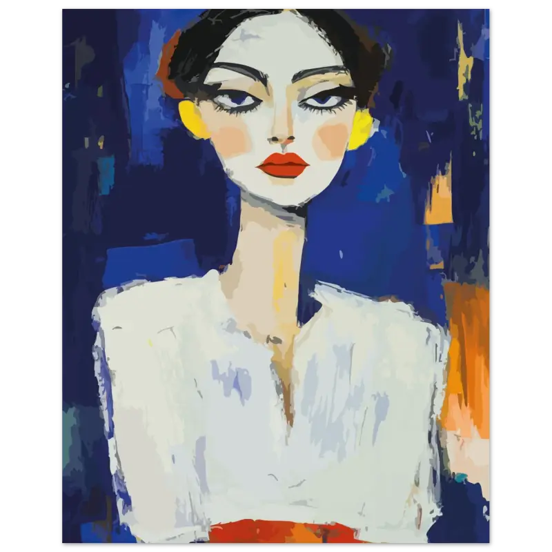 Portrait stylisé d’une femme aux cheveux noirs audacieux, au maquillage blanc sur le visage et aux lèvres rouges, sur un fond bleu vibrant.