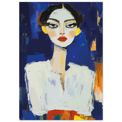 Portrait stylisé d’une femme aux cheveux noirs audacieux, lèvres rouges frappantes et accents d’oreilles jaunes sur un fond bleu texturé.