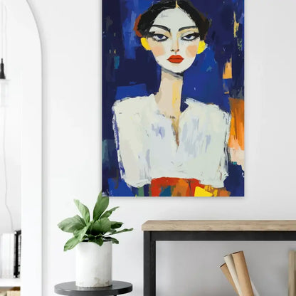 Un portrait abstrait vibrant mettant en scène une femme aux lèvres rouges audacieuses, aux boucles d’oreilles jaunes et à une chemise blanche sur un fond bleu profond.