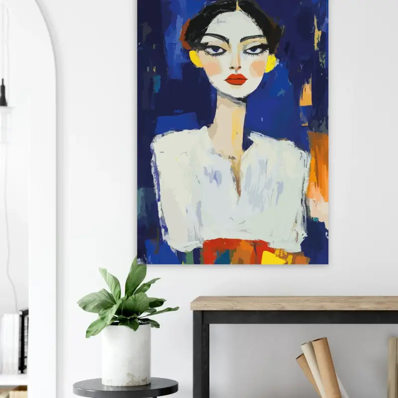 Un portrait abstrait vibrant mettant en scène une femme aux lèvres rouges audacieuses, aux boucles d’oreilles jaunes et à une chemise blanche sur un fond bleu profond.