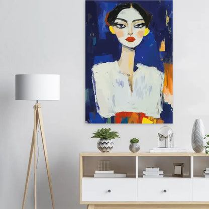 Un portrait abstrait vibrant représentant une femme avec des lèvres rouges audacieuses, des boucles d’oreilles jaunes et un haut blanc sur un fond bleu profond.