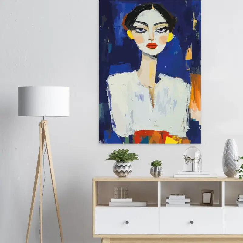 Un portrait abstrait vibrant représentant une femme avec des lèvres rouges audacieuses, des boucles d’oreilles jaunes et un haut blanc sur un fond bleu profond.