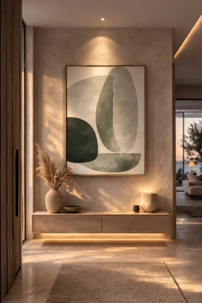 Une peinture abstraite moderne avec des ovales verts et gris délavés se chevauchant sur un fond crème, encadrée dans un bois clair simple.