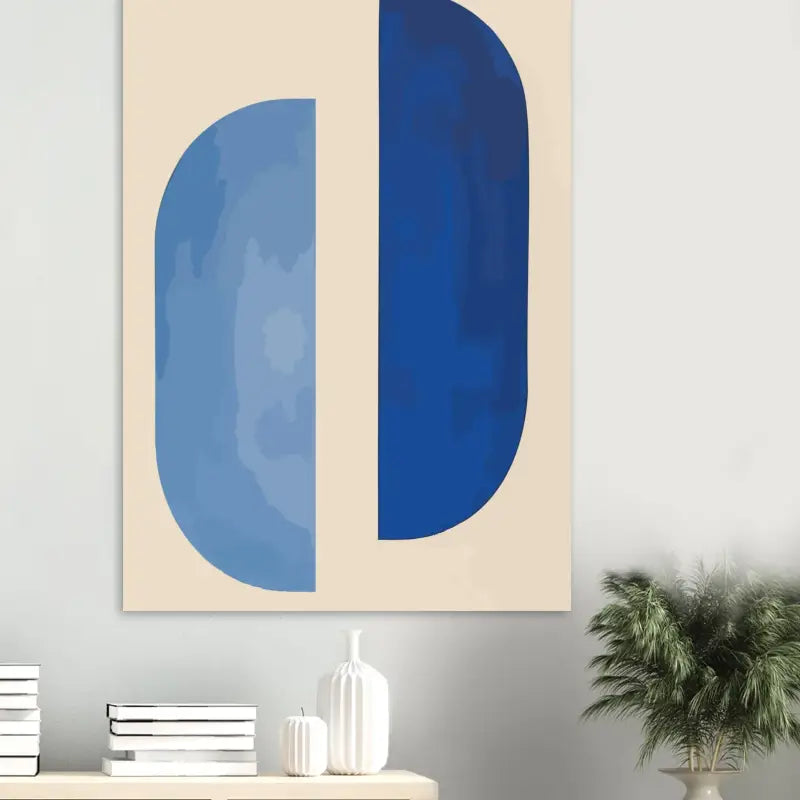 Peinture abstraite sur toile beige présentant deux ovales bleus verticaux, l’un plus clair et l’autre plus foncé.