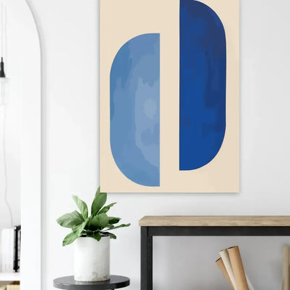 Art abstrait sur toile beige et bleu avec un design minimaliste.