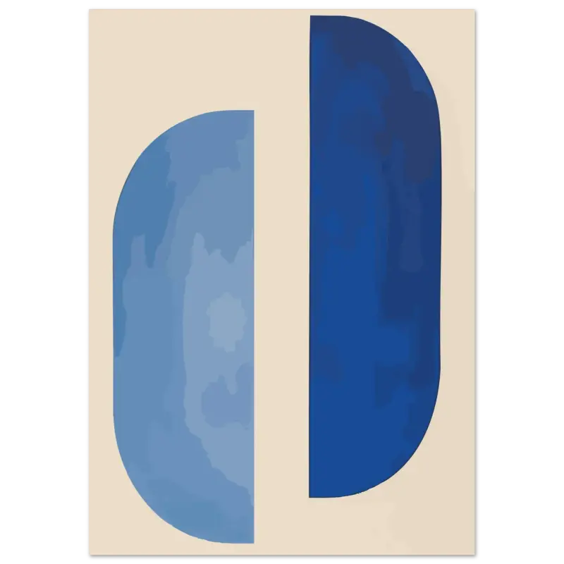 Impression d’art abstrait mettant en vedette une lettre ’d’ audacieuse, divisée verticalement en deux nuances de bleu sur un fond de couleur crème.