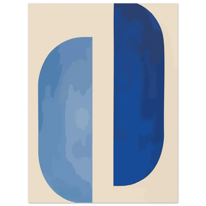 Œuvre d’art minimaliste abstraite en bleu et crème présentant un design de lettre « d » stylisée, divisée verticalement.