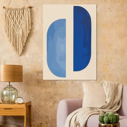 Art abstrait sur toile bleu avec un design divisé, présentant des formes courbes bleu clair et bleu foncé sur un fond crème.