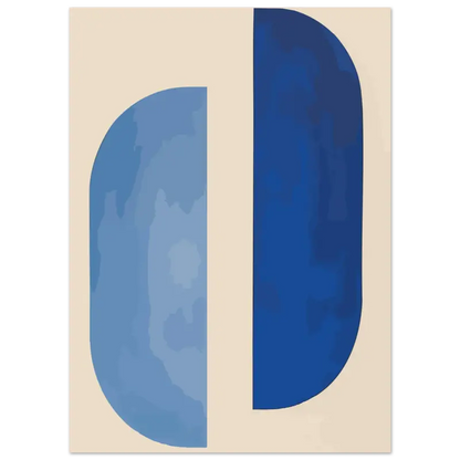 Impression d’art abstrait mettant en vedette une lettre « d » audacieuse, divisée verticalement en deux nuances de bleu sur un fond de couleur crème.