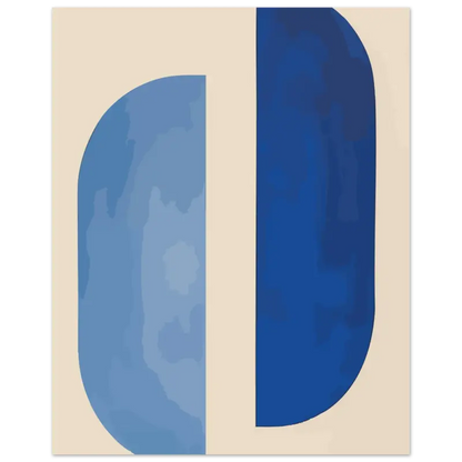 Œuvre d’art minimaliste abstraite mettant en vedette une lettre « d » audacieuse, divisée verticalement en deux nuances de bleu sur un fond de couleur crème.