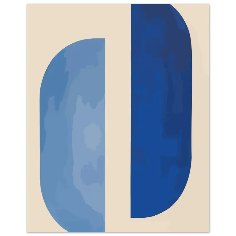 Œuvre d’art minimaliste abstraite mettant en vedette une lettre « d » audacieuse, divisée verticalement en deux nuances de bleu sur un fond de couleur crème.