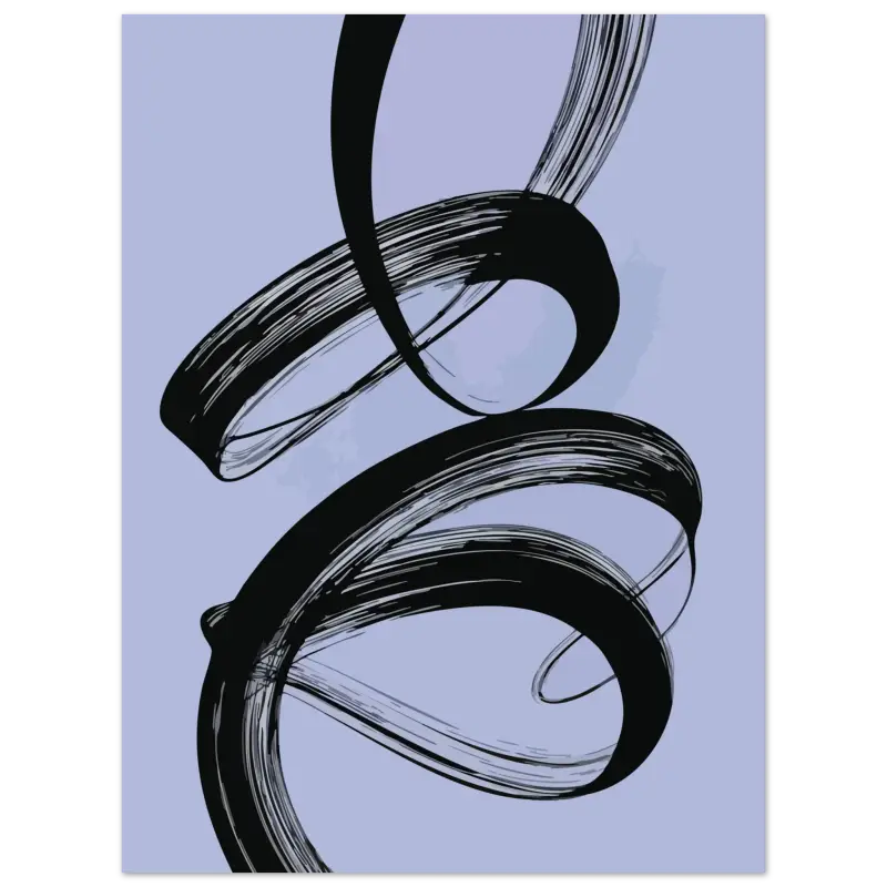 Art abstrait de coup de pinceau noir sur un fond lavande clair.