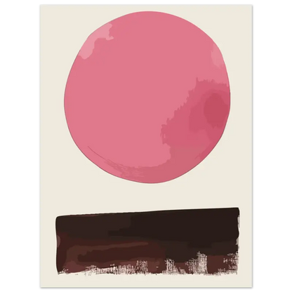 Une impression d’art abstrait minimaliste mettant en vedette une forme circulaire rose doux au-dessus d’une bande horizontale texturée marron foncé.