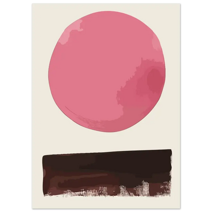 Une impression d’art abstrait minimaliste mettant en scène une forme circulaire rose audacieuse au-dessus d’une bande horizontale marron foncé avec des détails texturés évoquant des coups de pinceau.